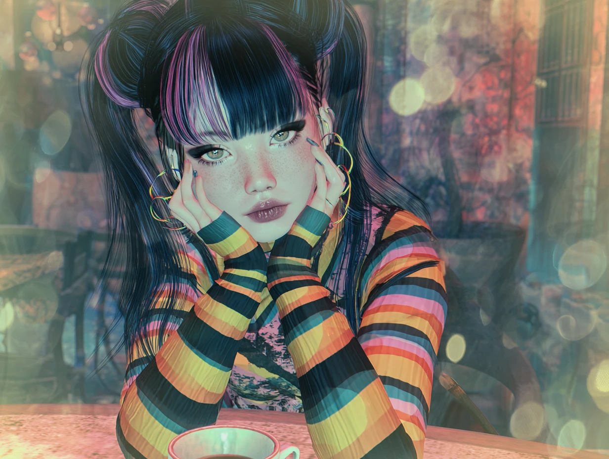 Femme d’anime rayée dans un café surréaliste sur le trottoir