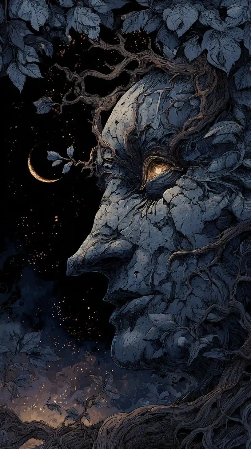 Crescent moon face fused with an ancient twisted tree