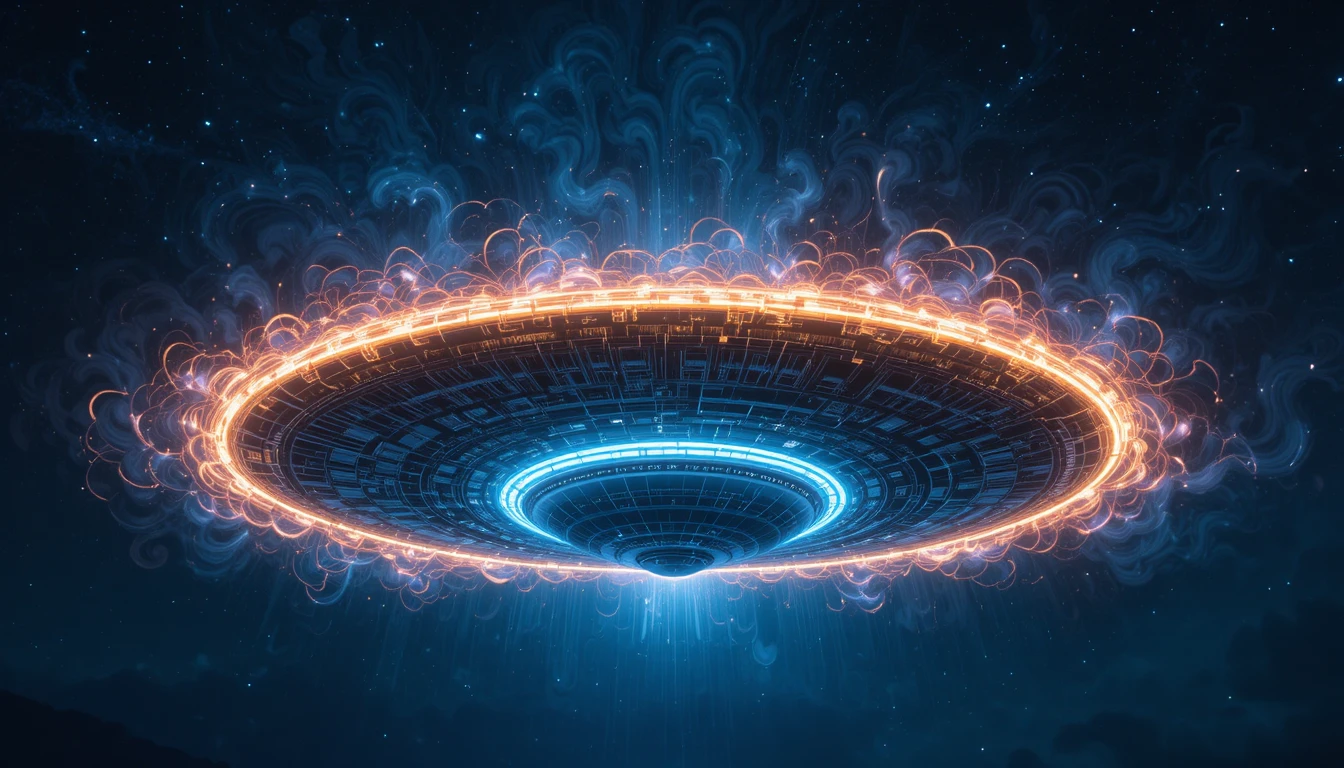 Glowing Silver UFO Above Deep Blue Cosmic Night Sky