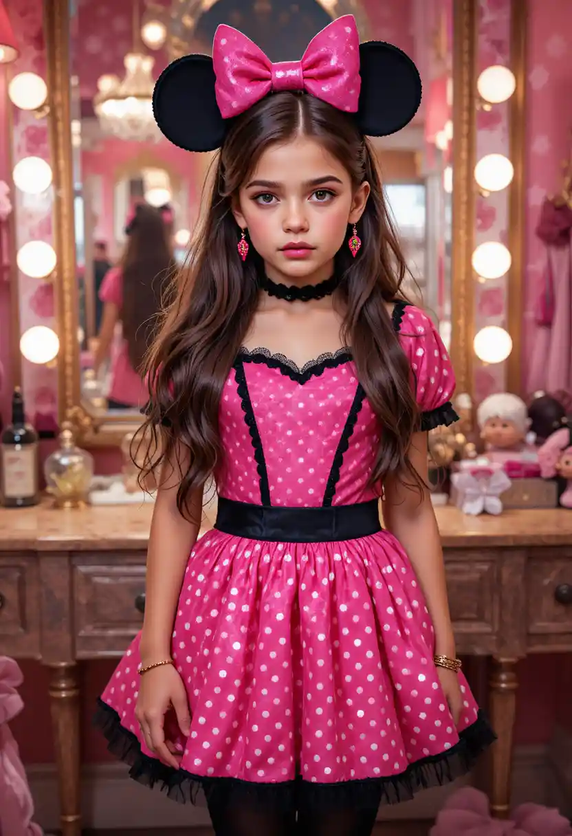 Anxious tween boy dressed as Minnie Mouse in boutique