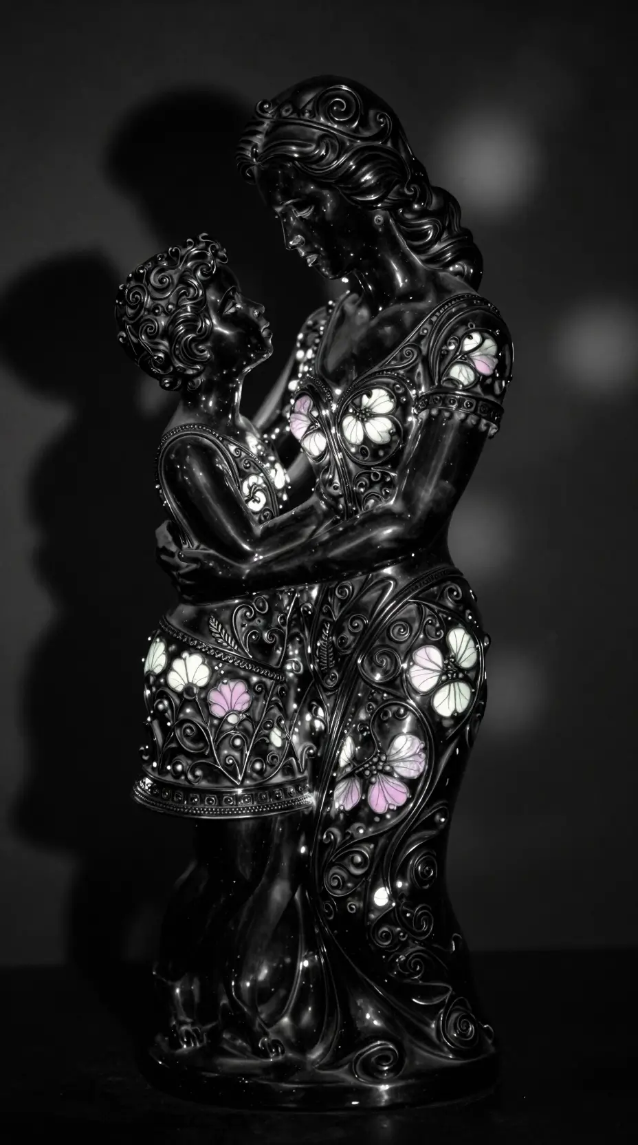 Glowing Mother And Child Porcelain Sculpture In Soft Bokeh