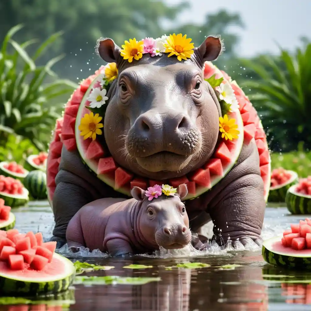 カバと花のベイビーカバがスイカプールで水しぶき