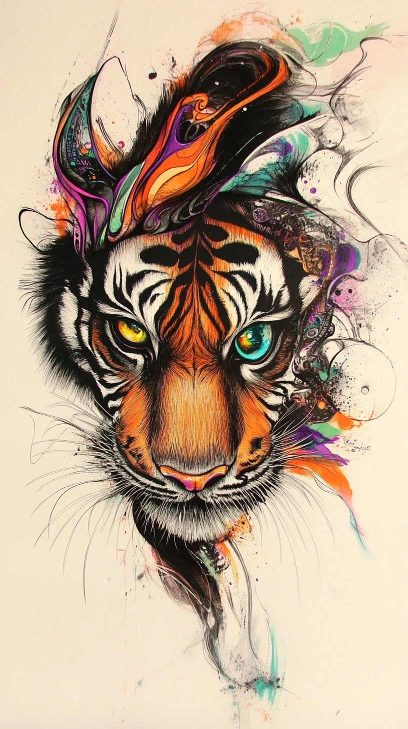 Surrealistische Tintenillusion eines Tigerauges mit leuchtenden Farbakzenten