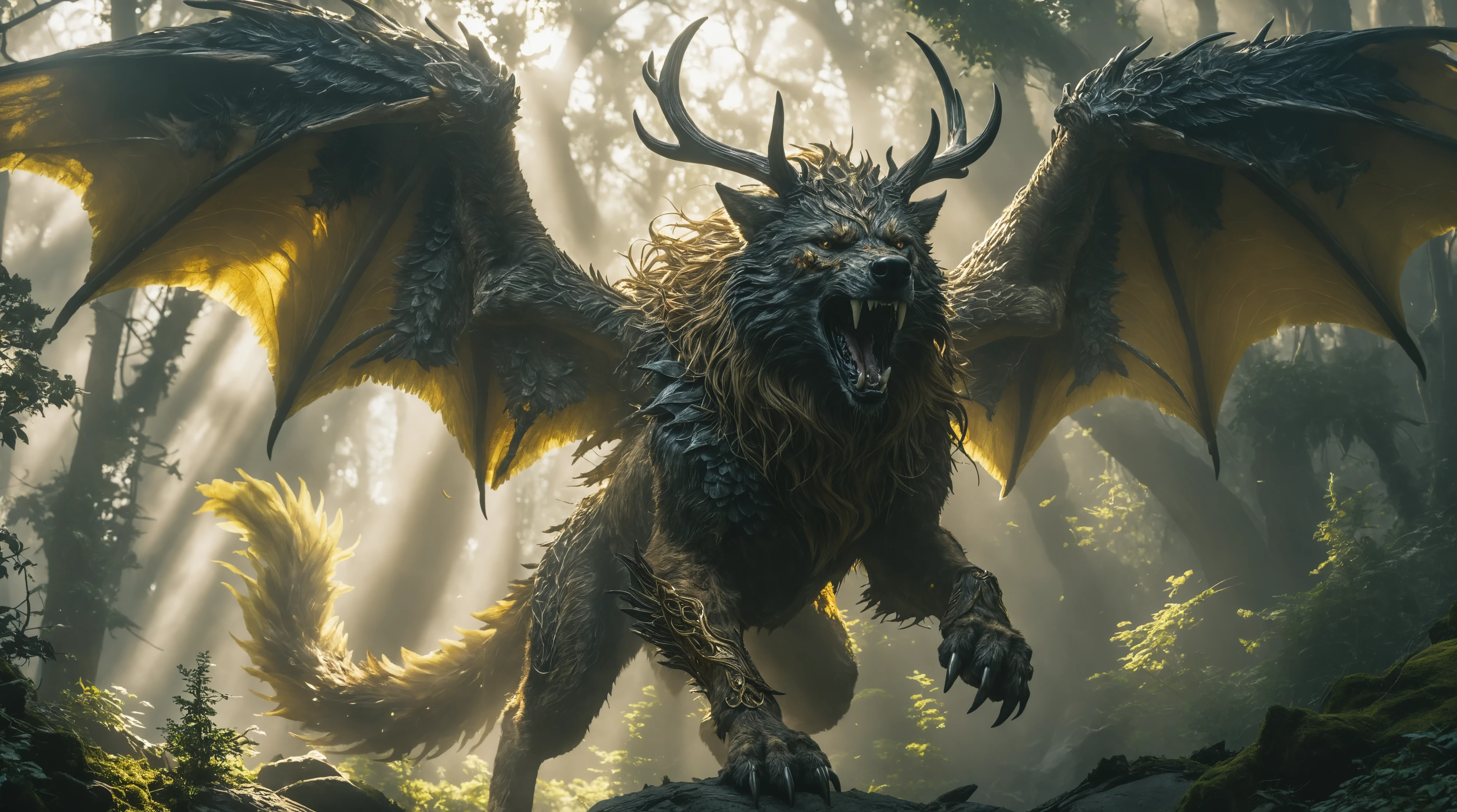 Menacing winged chimera in moonlit gothic fantasy scene