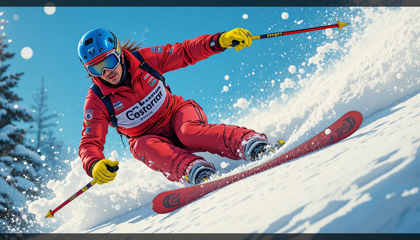 Skieur en rouge dévalant une pente de montagne enneigée