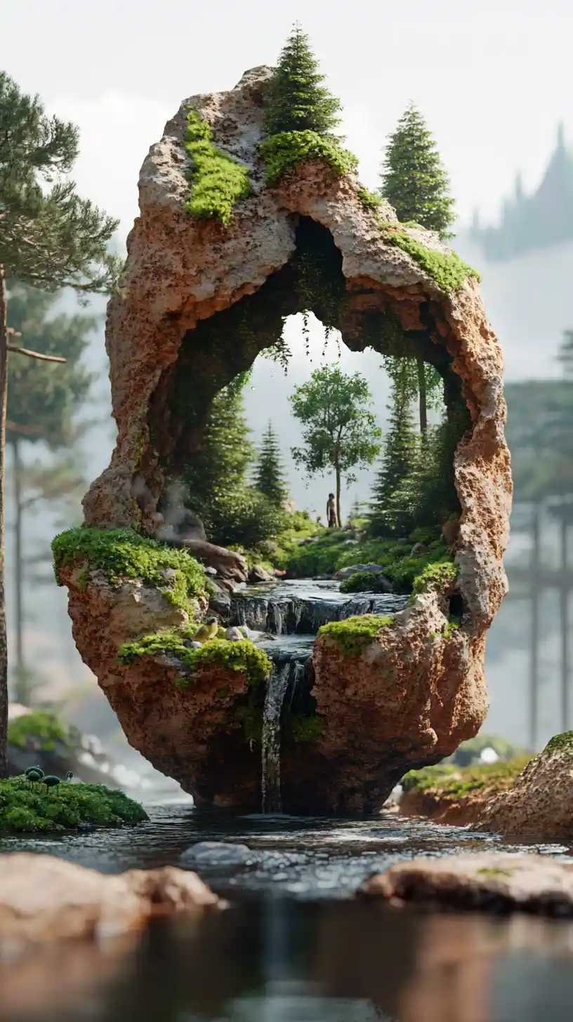 Roccia desertica surreale che rivela foresta e ruscello nascosti