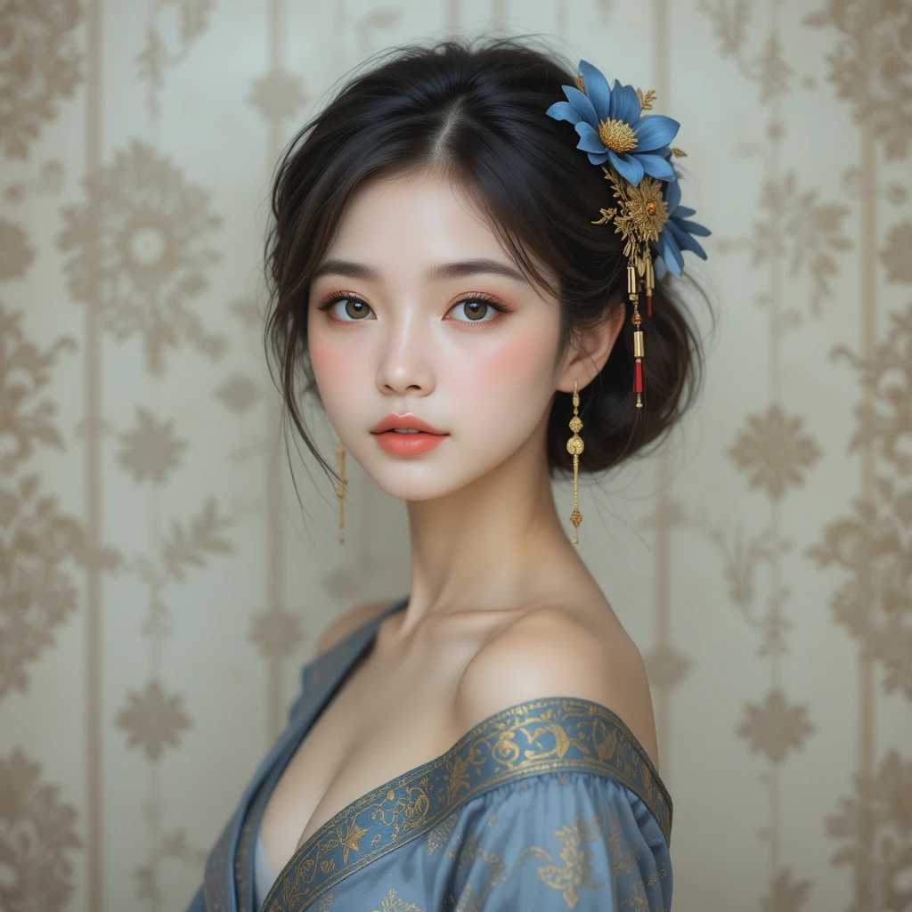 Elegant young woman with floral hairpiece in soft illustration