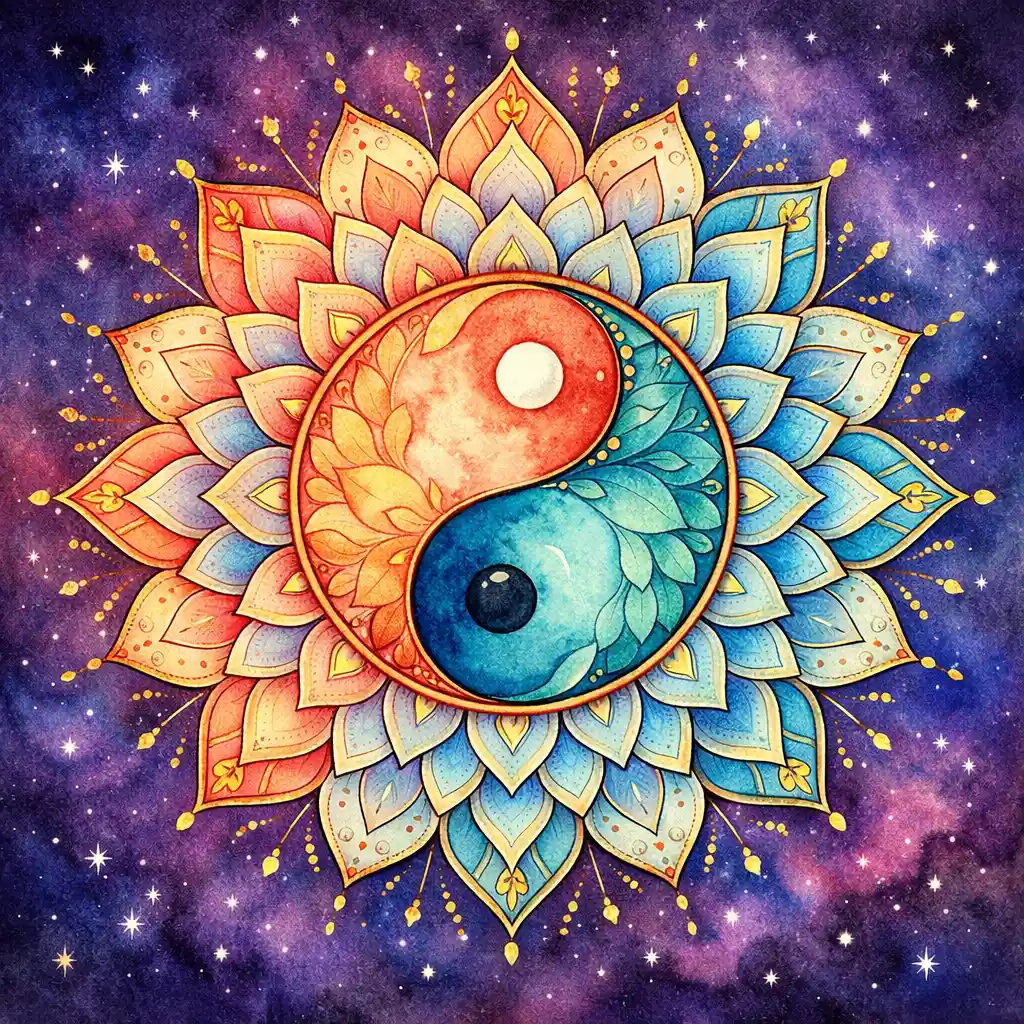 水彩陰陽曼陀羅，搭配蓮花花瓣與星空