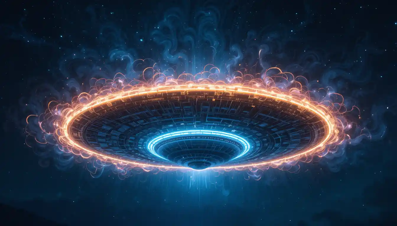 Glowing Silver UFO Above Deep Blue Cosmic Night Sky
