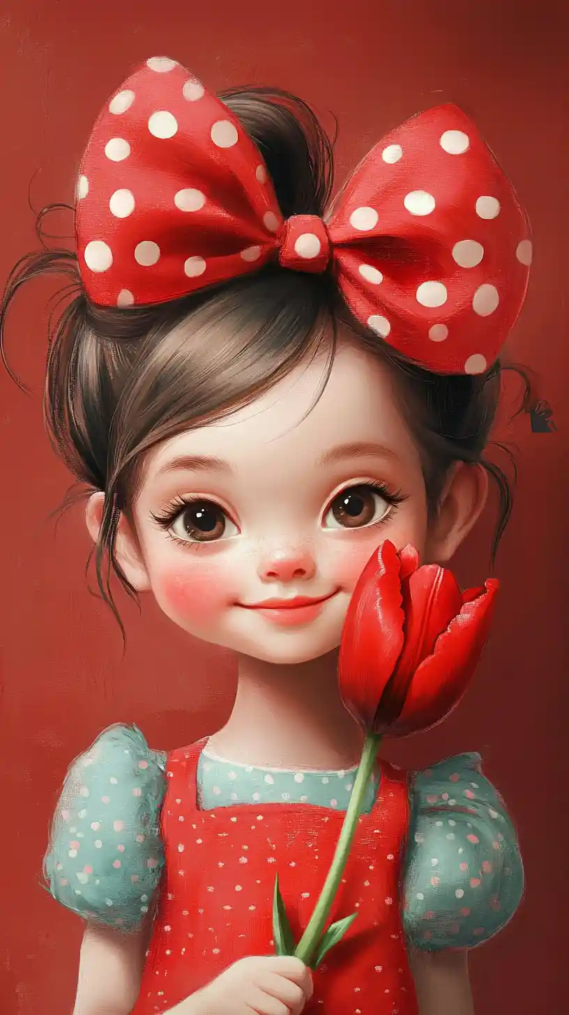 Süßes Mädchen mit roter Schleife, das an einer Tulpe riecht
