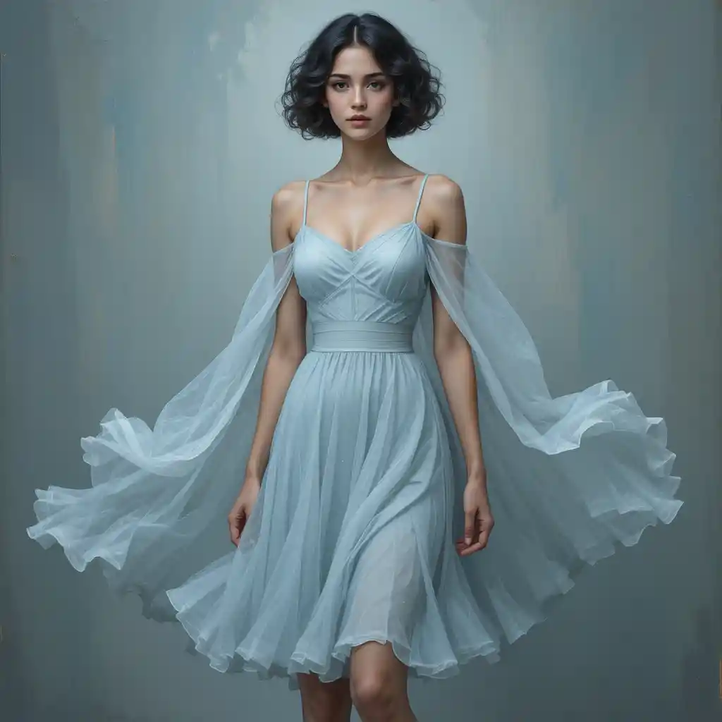 Joven mujer con vestido azul y capa blanca ondeante