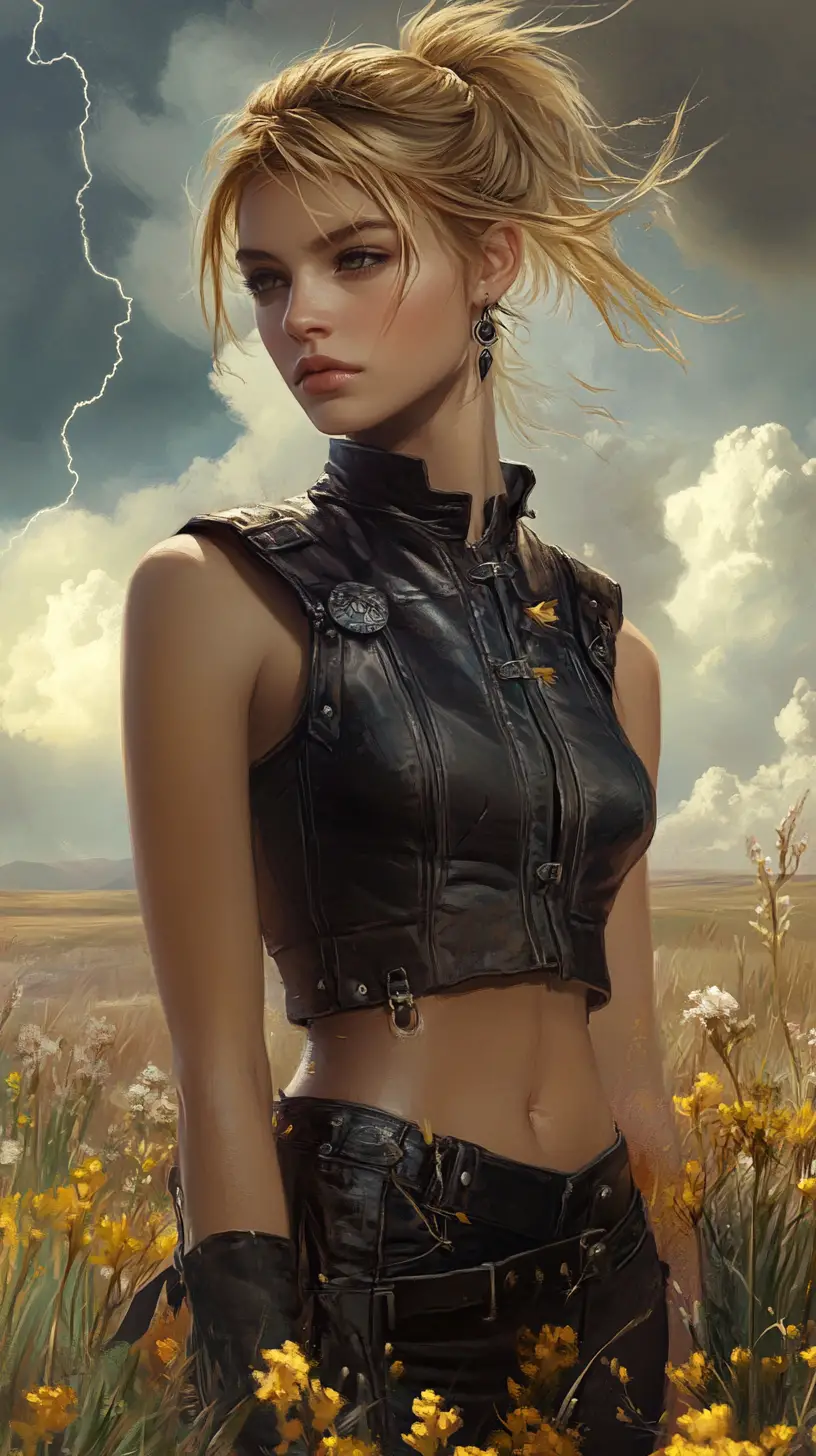 Portrait fantastique d’une fille blonde dans une prairie orageuse