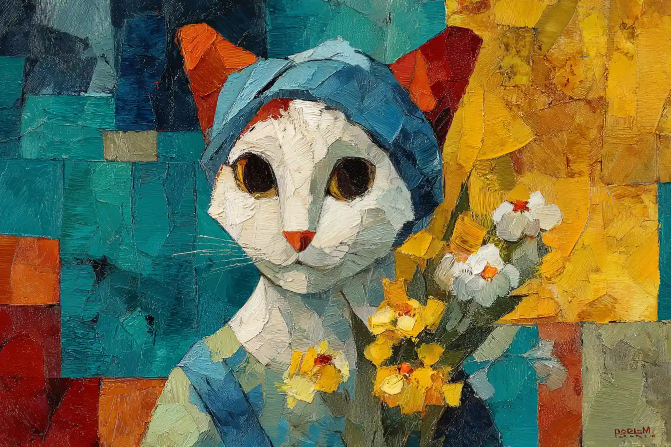 Cubist geometric cat with flowers on colorful abstract background
