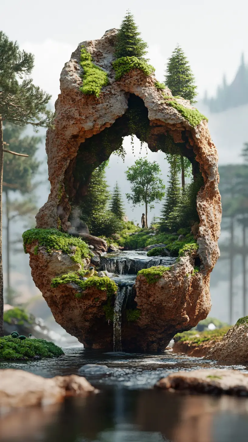 Surrealer Wüstenfelsen enthüllt verborgenen Wald und Bach