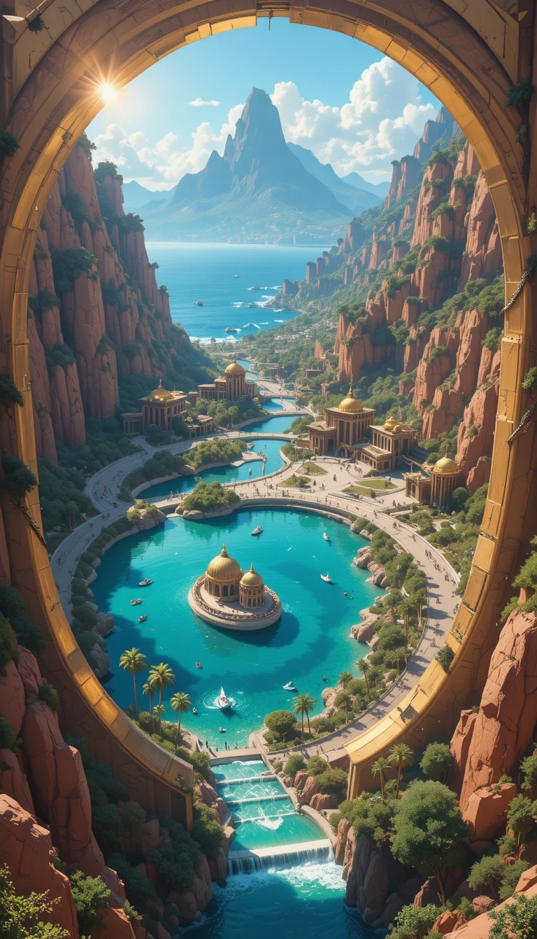 Utopian coastal city seen from above through a golden portal