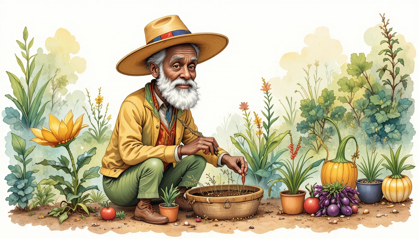 Idoso cuidando de uma horta na savana africana