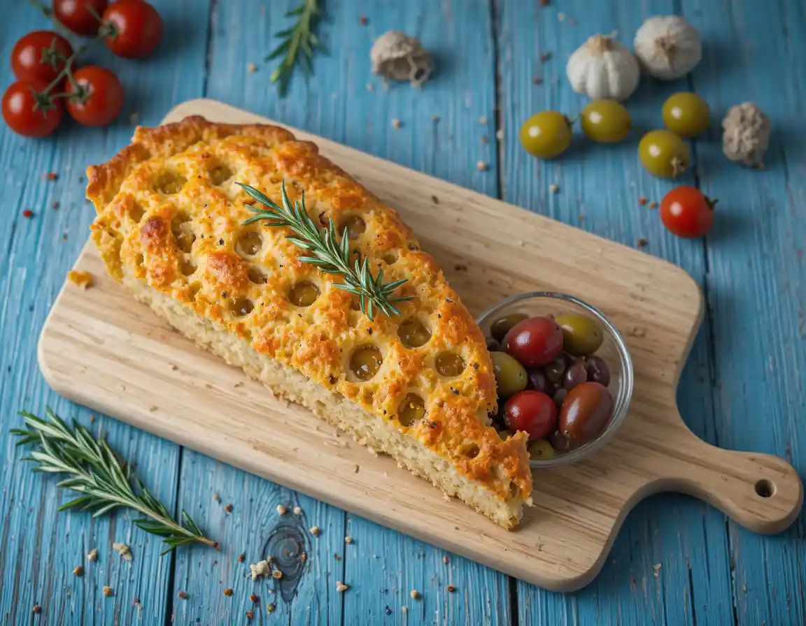Focaccia italiana con olive su legno rustico