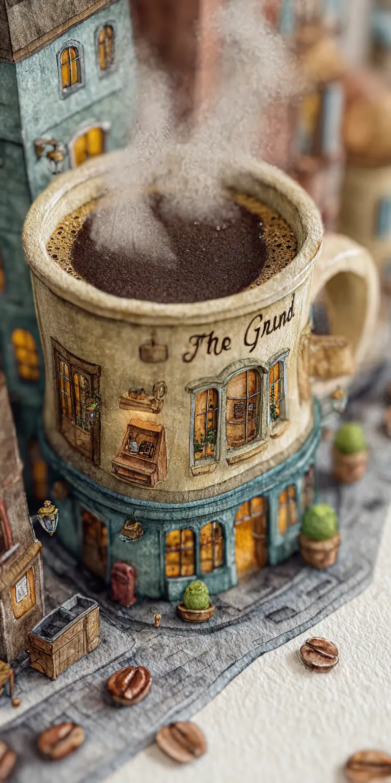 Diorama di caffetteria in tazza di caffè in miniatura in stile acquerello 3D