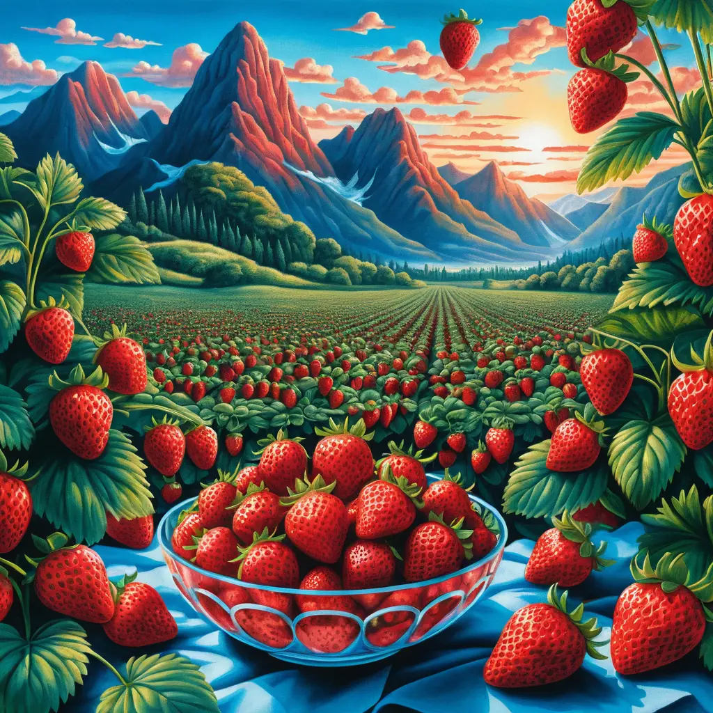 Surreal Strawberry Field At Sunrise With Distant Mountains