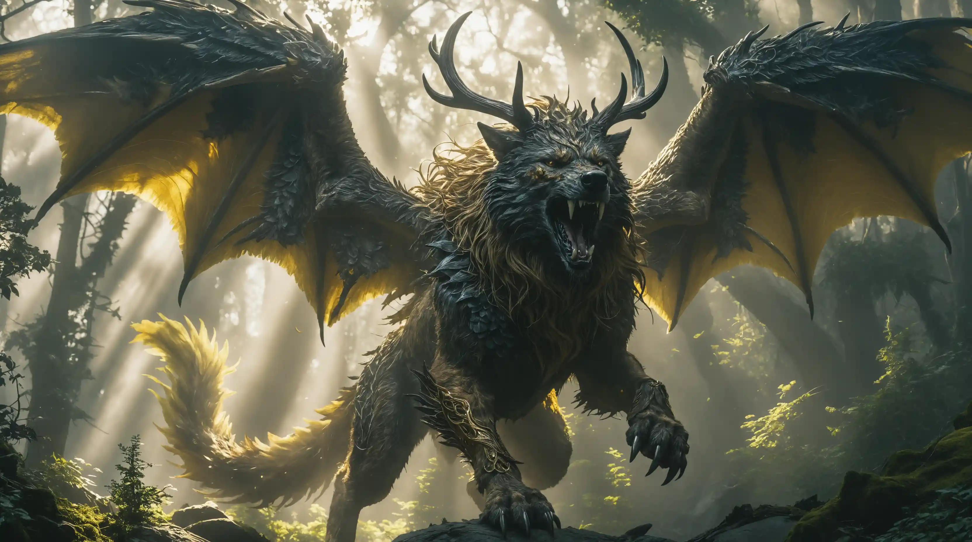 Chimera alata minacciosa in scena gotica fantasy al chiaro di luna