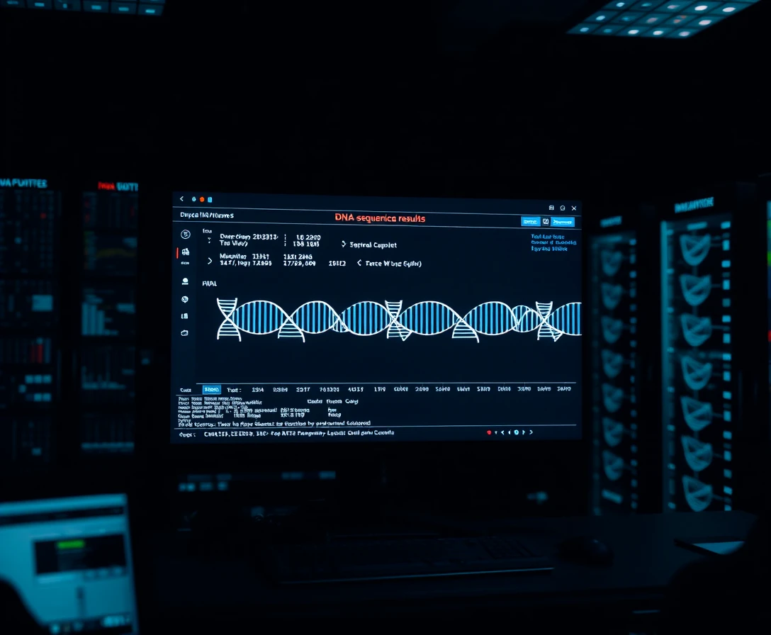 Dados de sequenciamento de DNA na tela em sala de controle escura