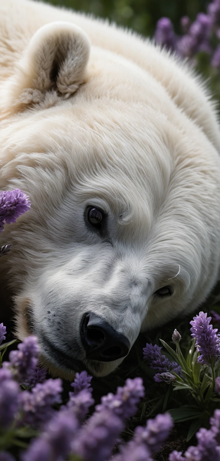 Urso‑polar dormindo em um leito de flores roxas