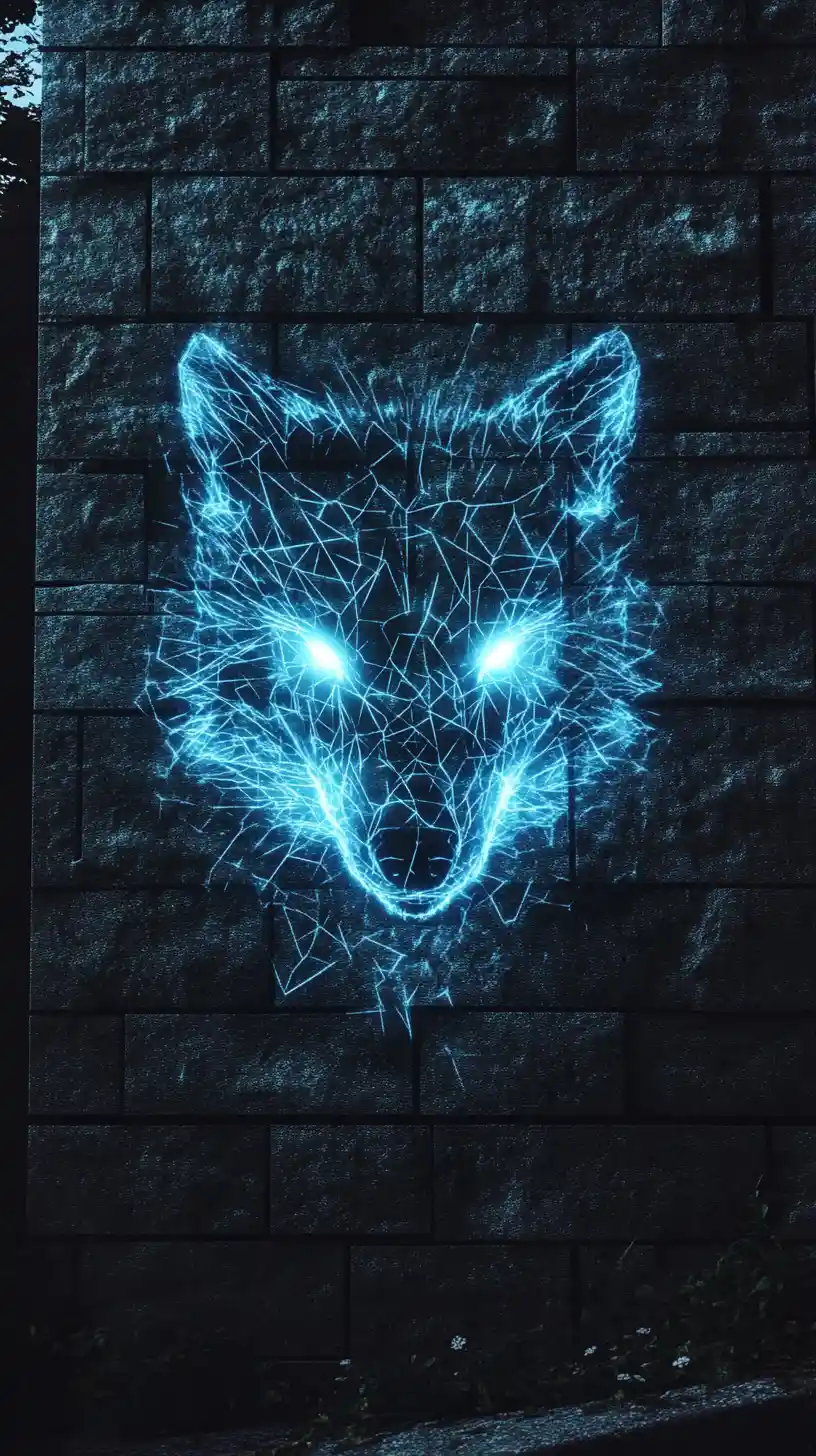 Fachada de casa monolítica mística com lobo espectral brilhante