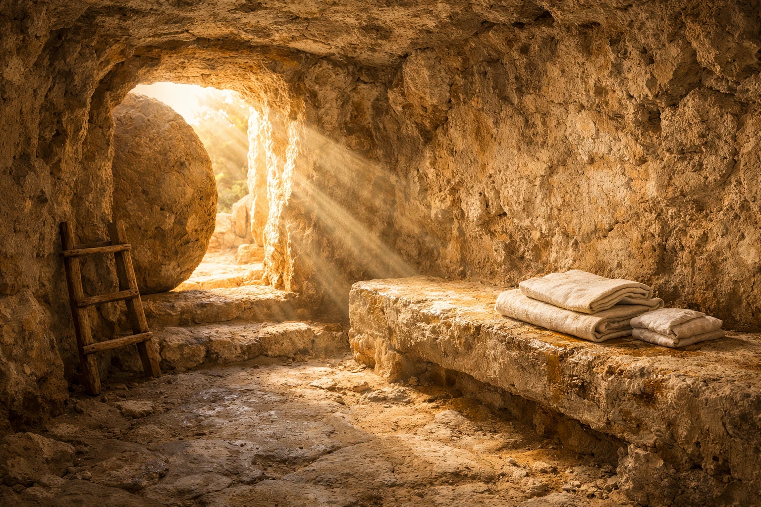 Empty stone tomb interior with morning light streaming in