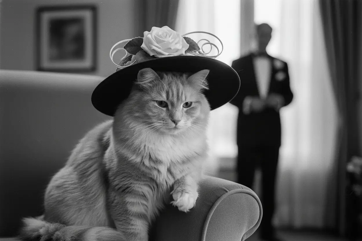 Vintage cat in elegant hat in monochrome Hollywood portrait