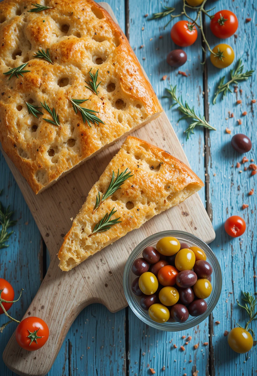 Focaccia italiana con olive su tavolo di legno rustico