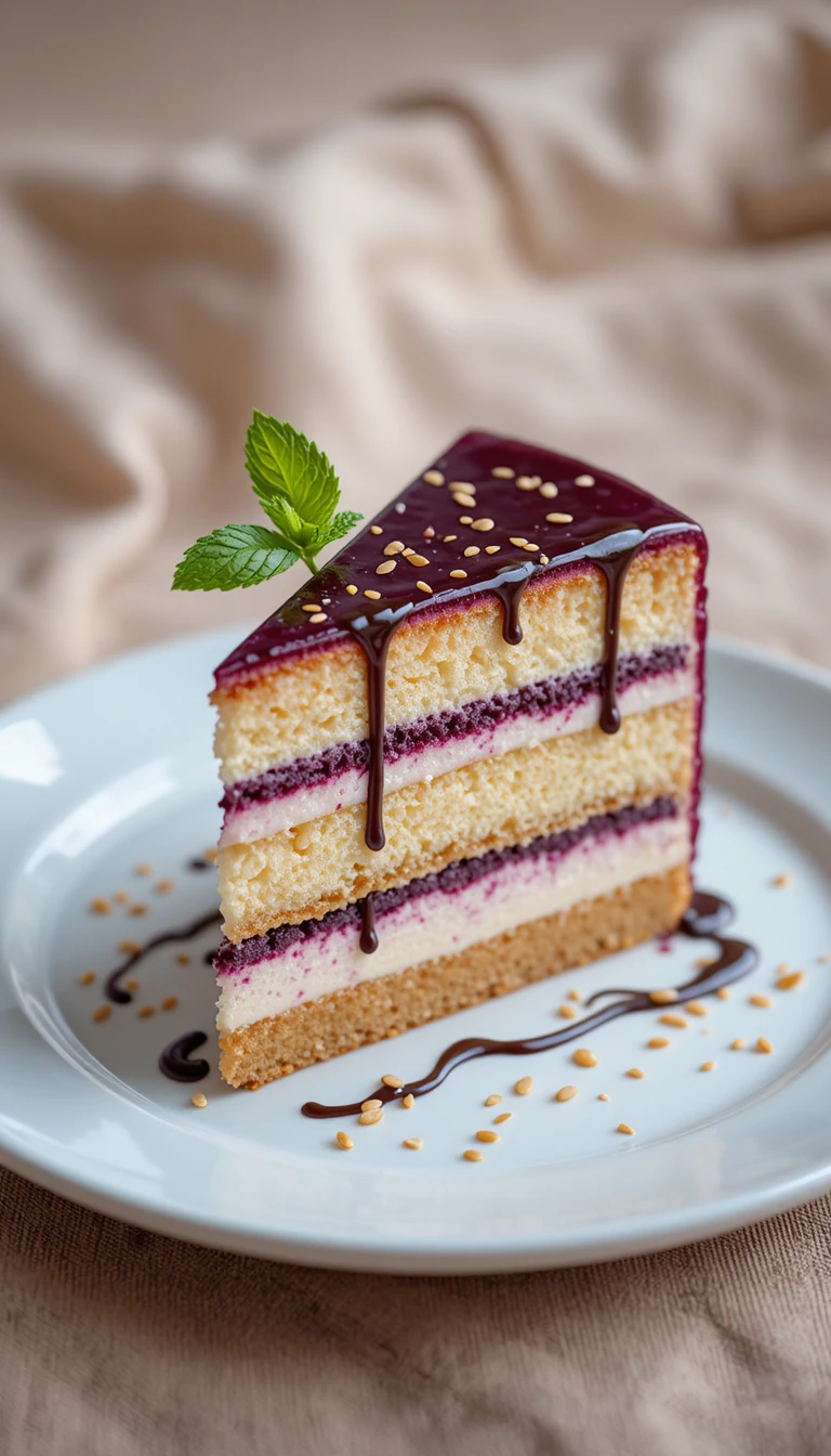 Close up of berry glazed layered cake slice on plate