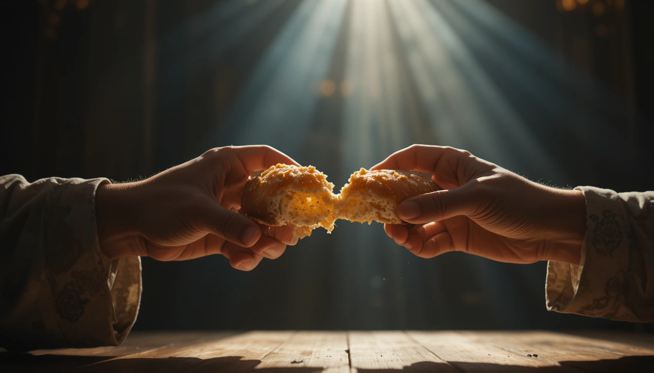 Primo piano di mani che spezzano il pane in una luce soffice e drammatica