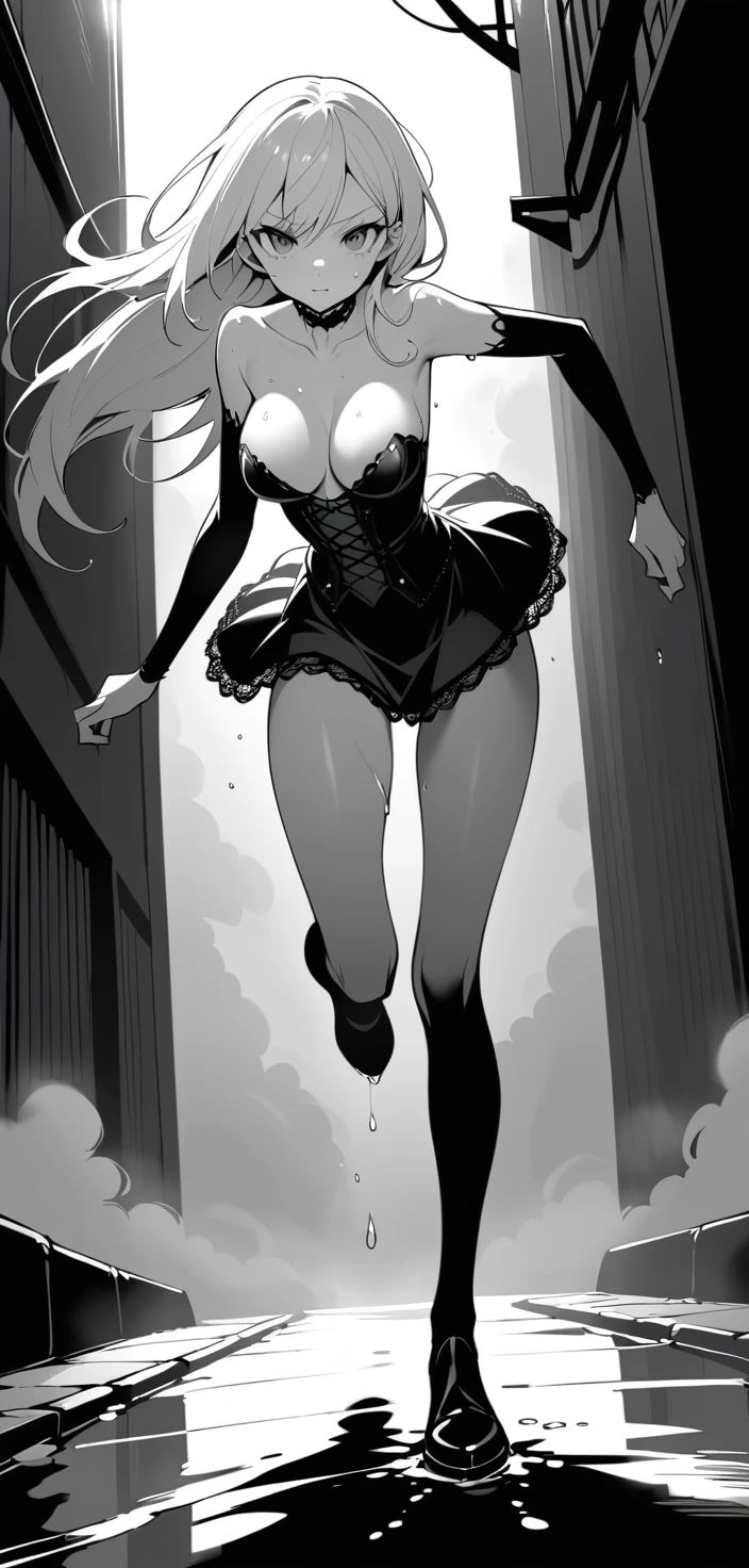 Gothic woman running toward viewer in dark alley