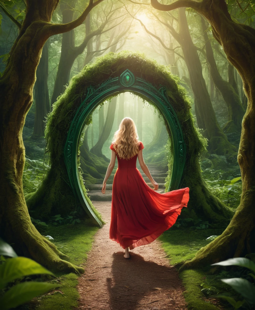 Young woman in red dress walking toward glowing green portal