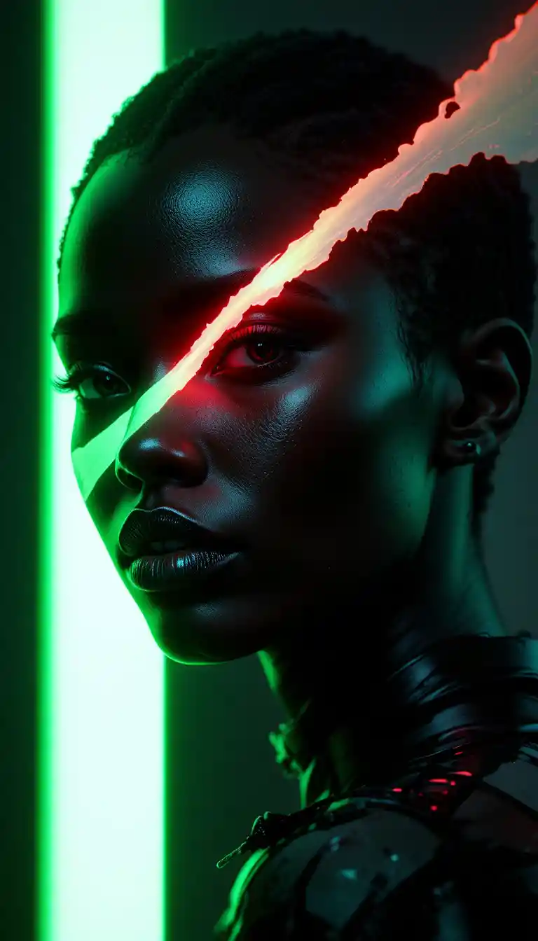 Afrofuturistic woman in neon green and red portrait