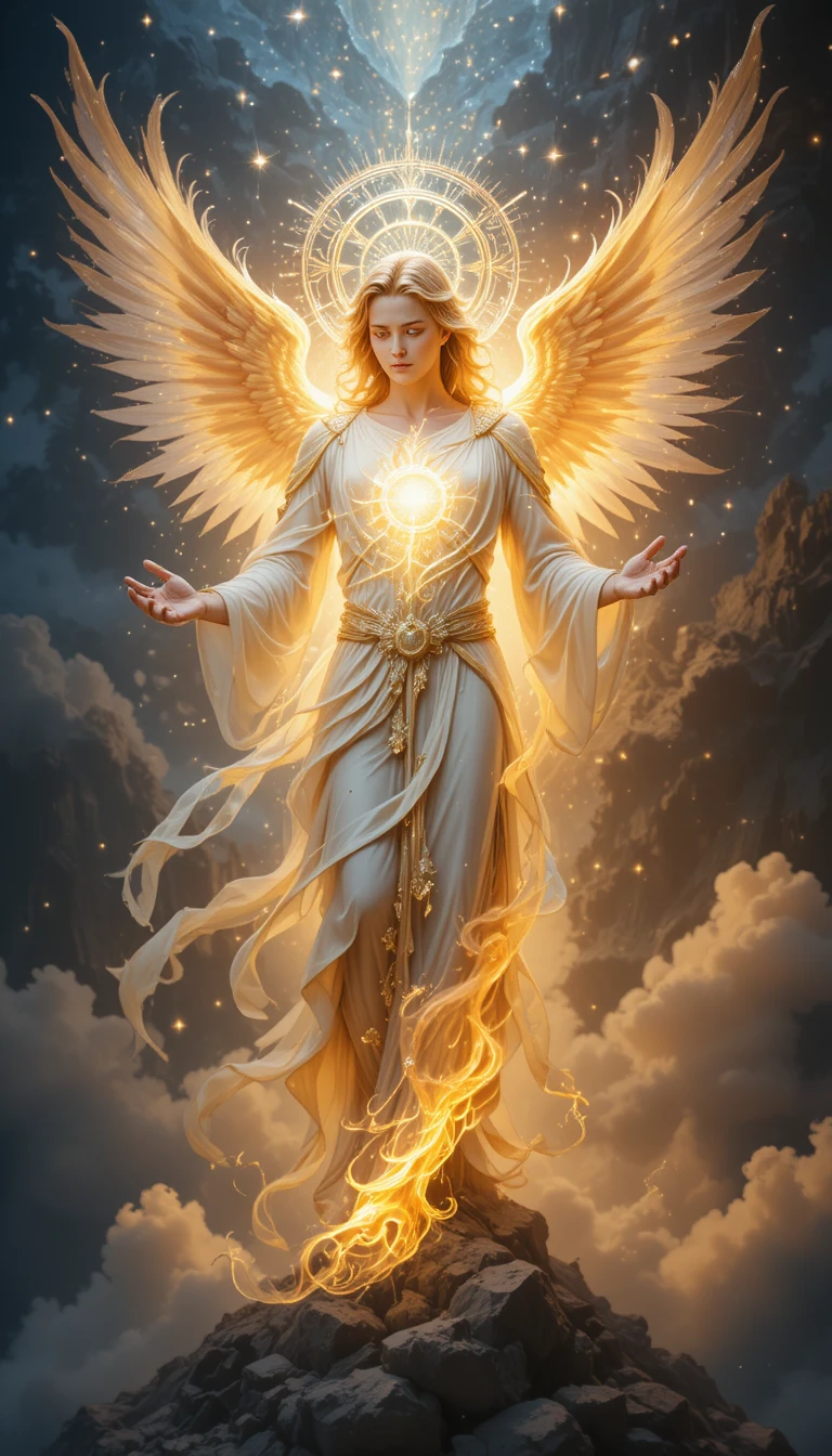 Mensageiro angelical em um reino celestial radiante