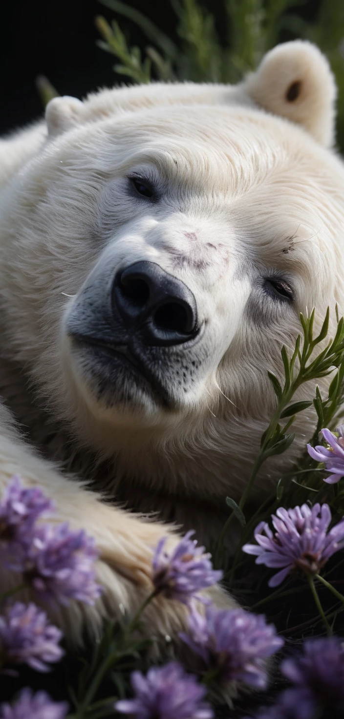 Urso‑polar dormindo entre flores silvestres roxas em close