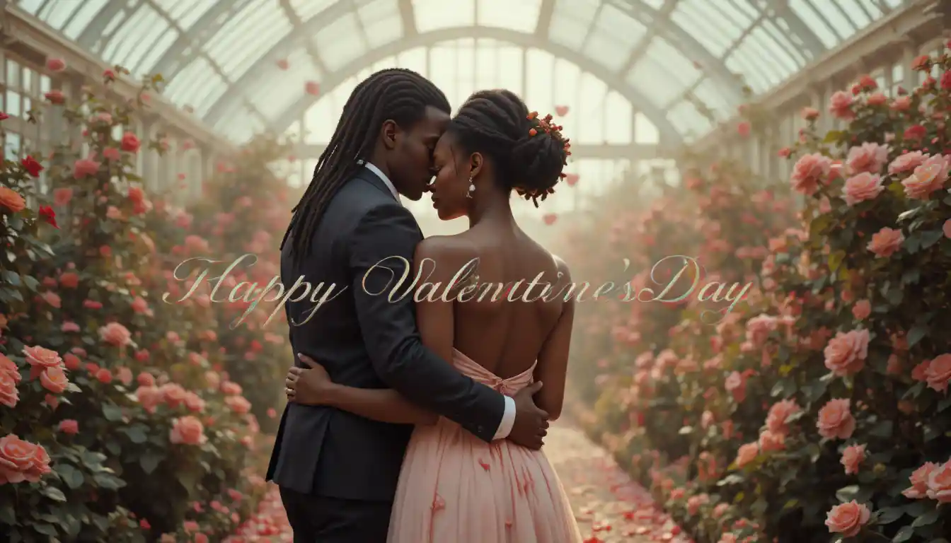 African American couple embracing in a romantic floral conservatory