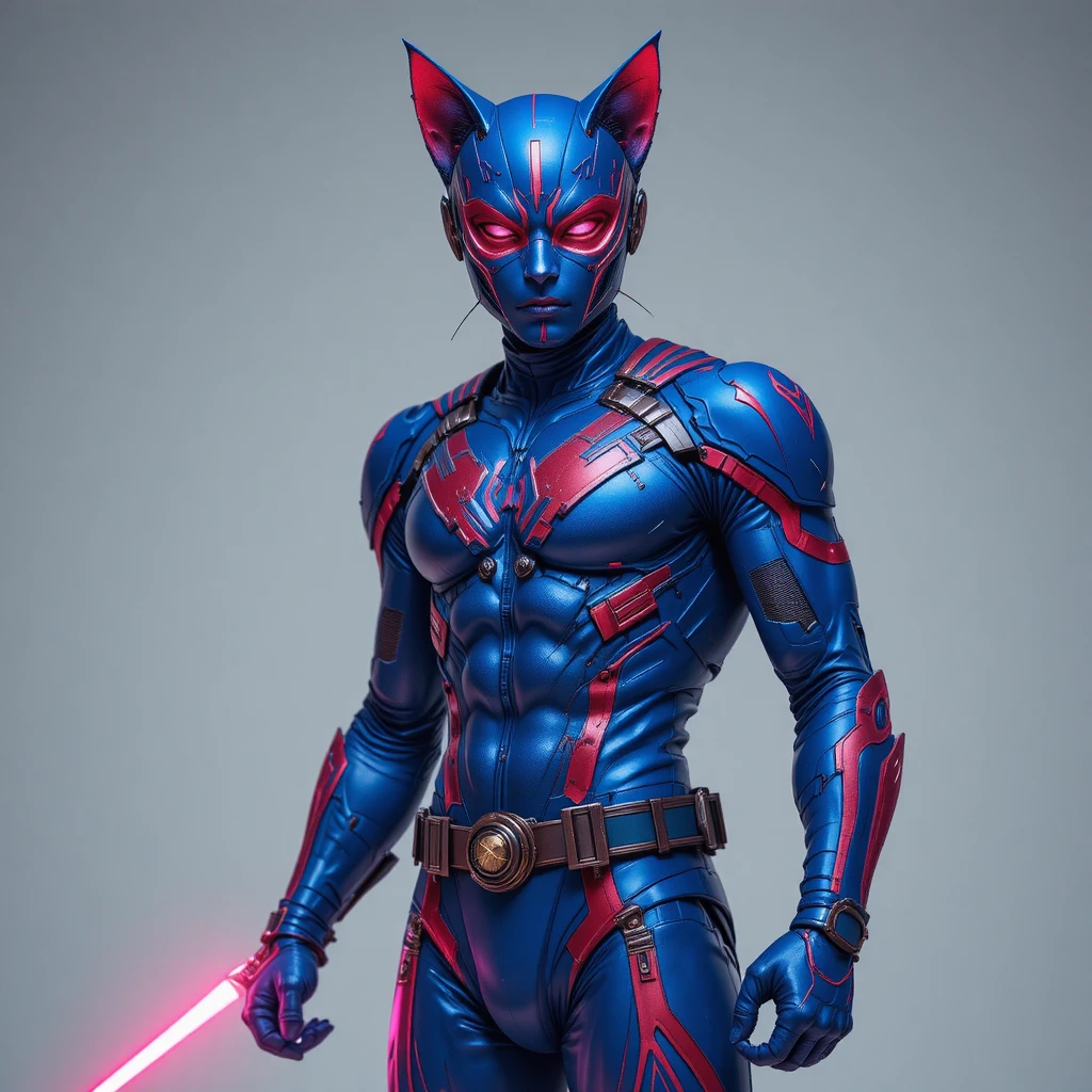 Super-herói adolescente em traje azul e vermelho com espada a laser