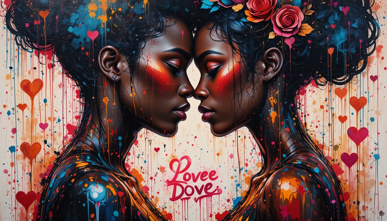 Casal negro romântico em arte de grafite colorida de Dia dos Namorados