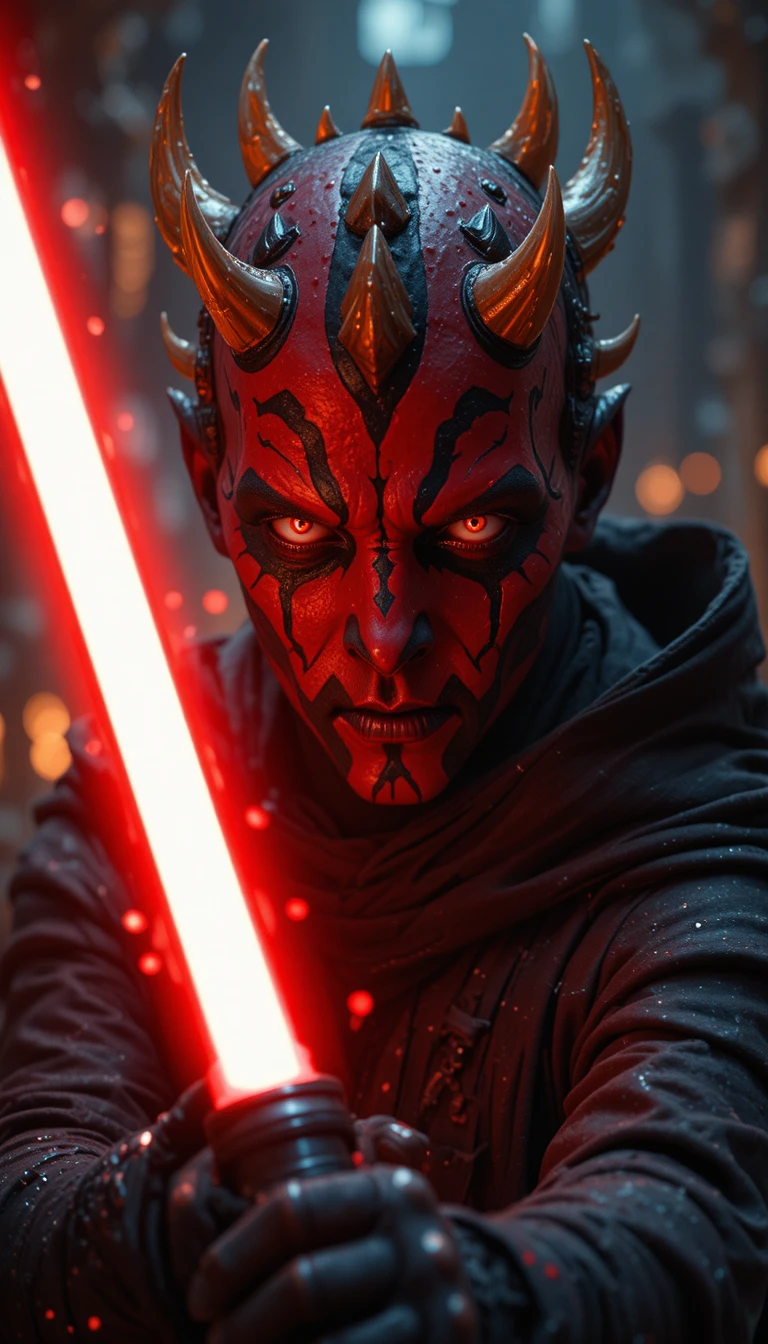 Demonic warrior woman with red lightsaber in fiery abyss