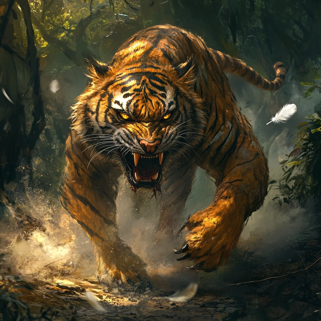 Zornige Tigerin-Cyborg-Chimäre, die durch den mondbeschienenen Dschungel springt