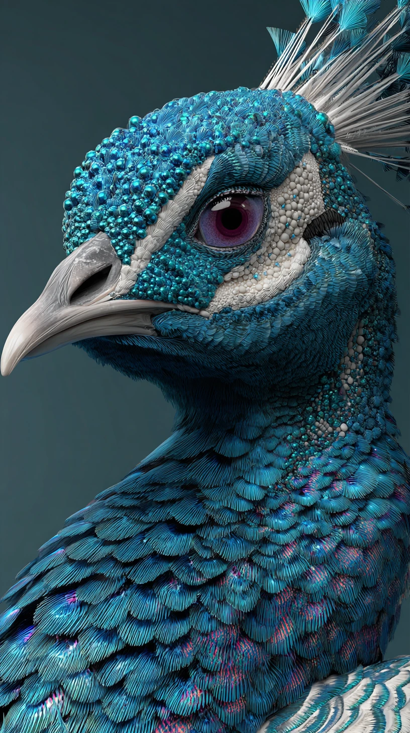 Perfil majestoso de pavão em ilustração 3D com tons de joia