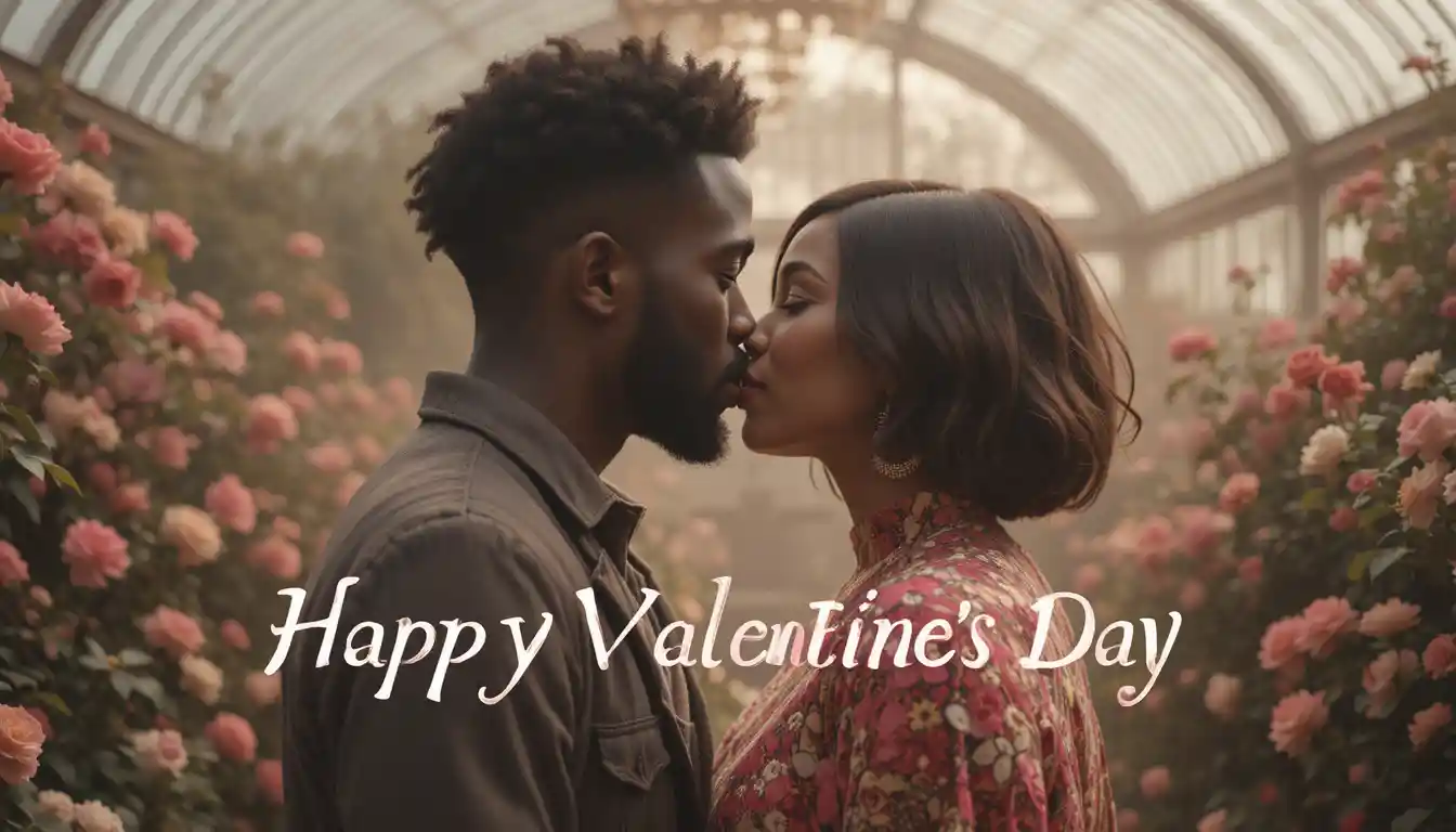 Romantic Black Couple Kissing In Flower Filled Conservatory