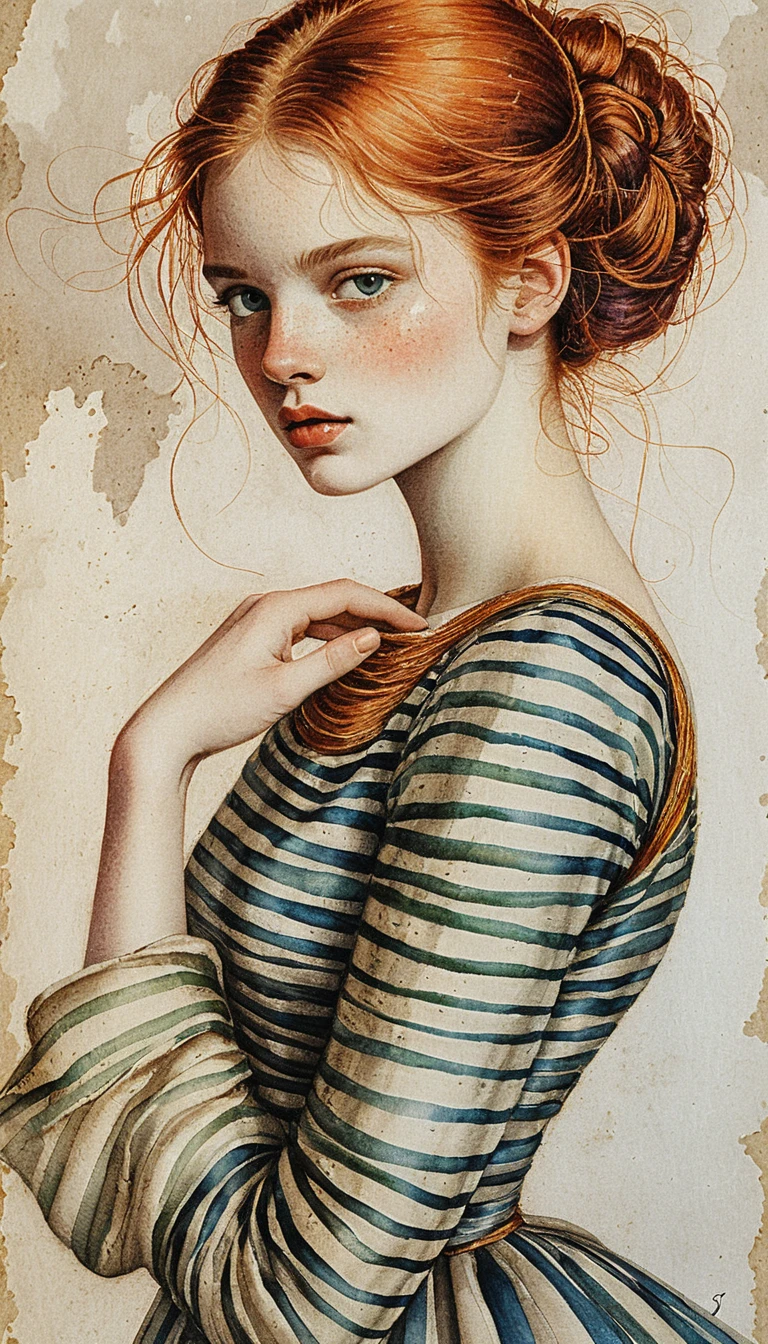 Retrato em estilo renascentista de uma garota ruiva em listras