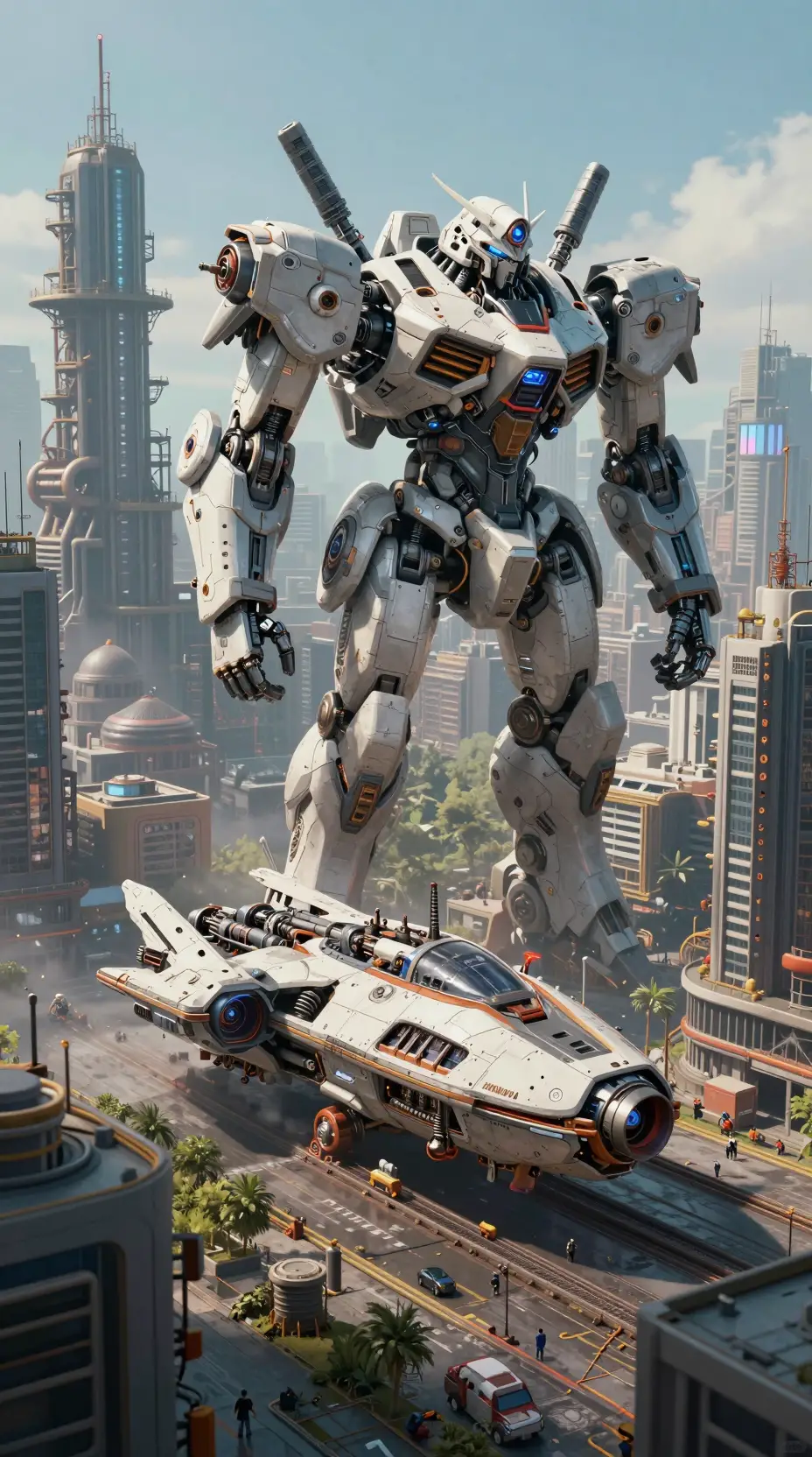 Futuristische mechanisierte Stadtsilhouette mit kleinem fliegenden Raumschiff
