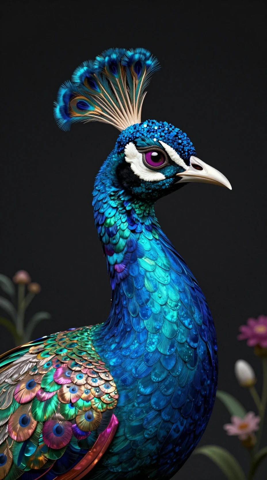 Perfil majestoso de pavão em ilustração 3D em tons de joia