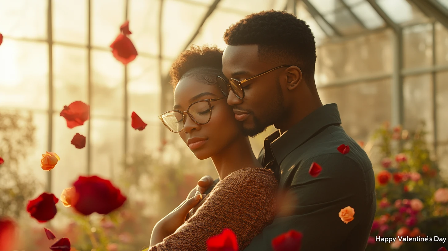 Romantic couple embracing in a flower filled conservatory