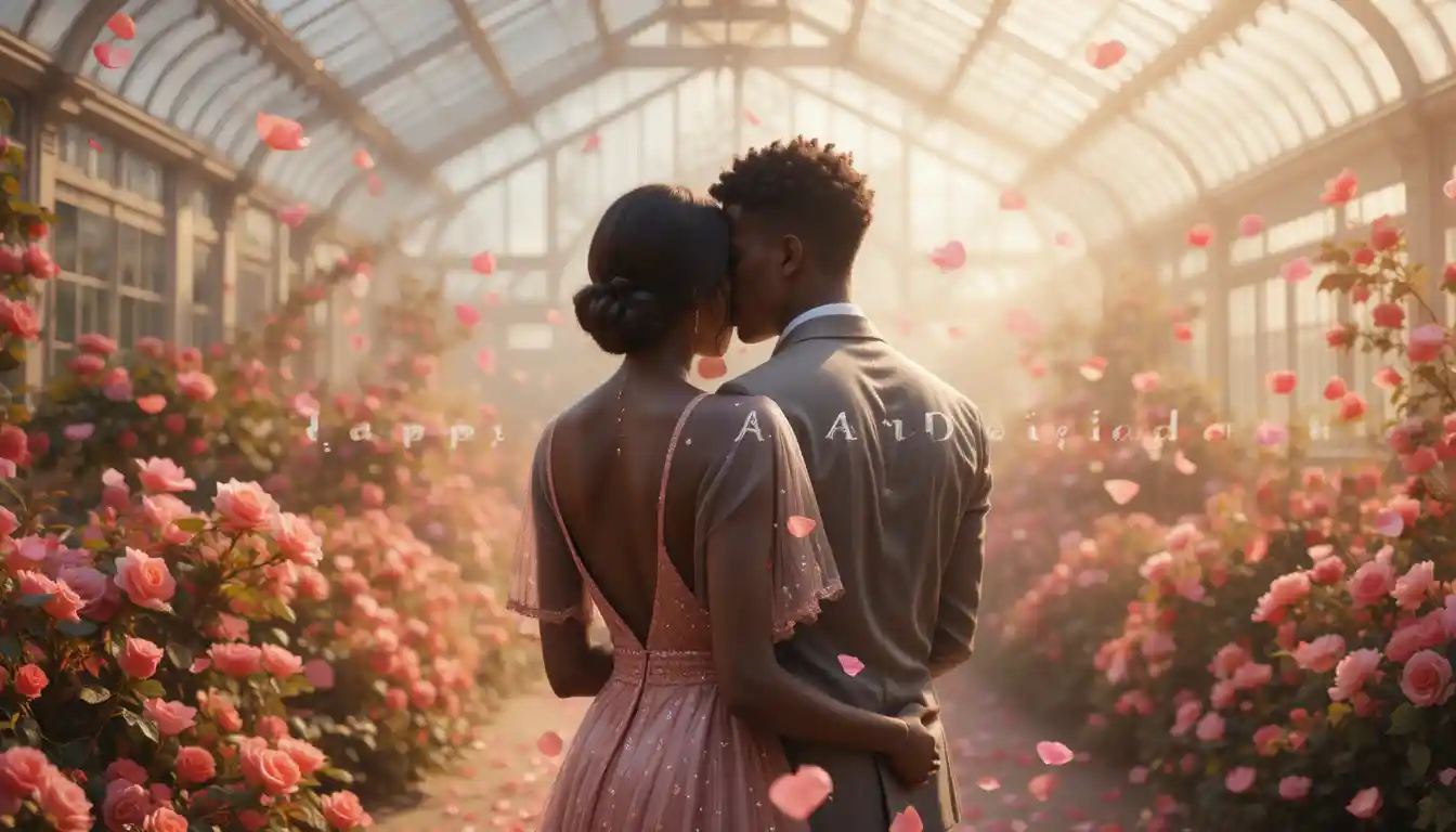 Romantic couple embracing in a flower filled conservatory