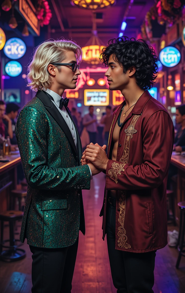 Two young men reach for each other in a bohemian club